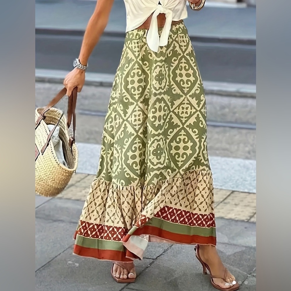 Bohemian Allover Print Elastic Waist Skirt, Ethic Style A Line Skirt